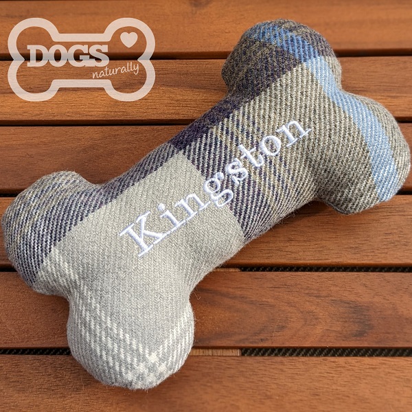 Kingston - Personalised Bone Dog Toy - Tweed Grey & Blue